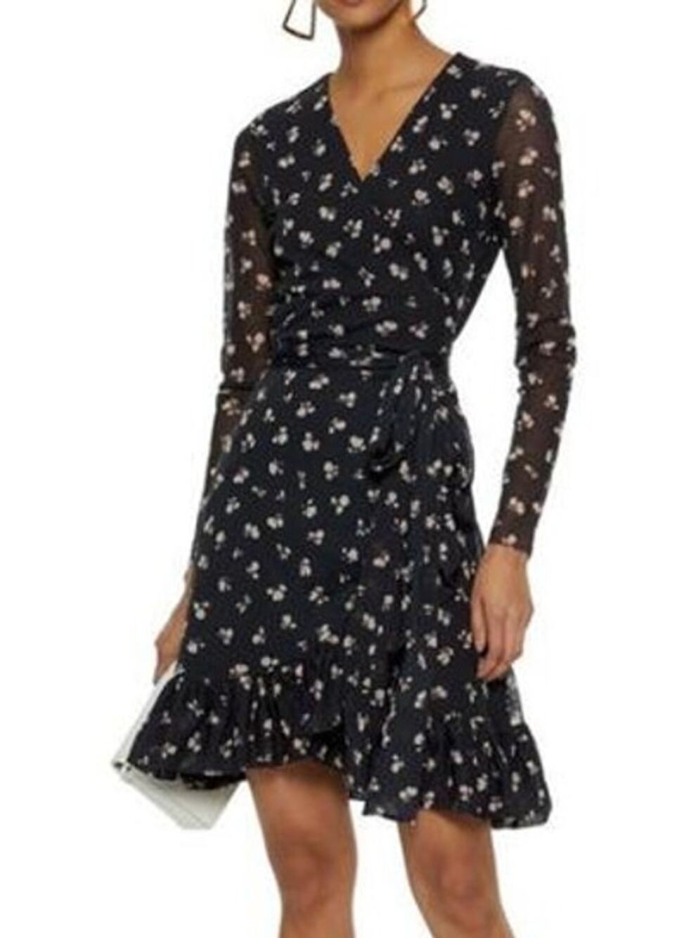 Ganni Black Tilden Mesh Floral Long Sleeve Self Tie Wrap Mini Dress Size 2